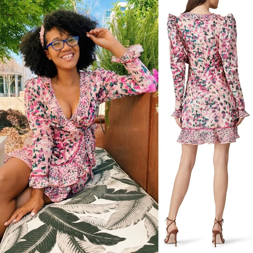 ROCOCO SAND Impressionist Floral Print Puff Long Sleeve Ruffle Wrap Mini Dress M